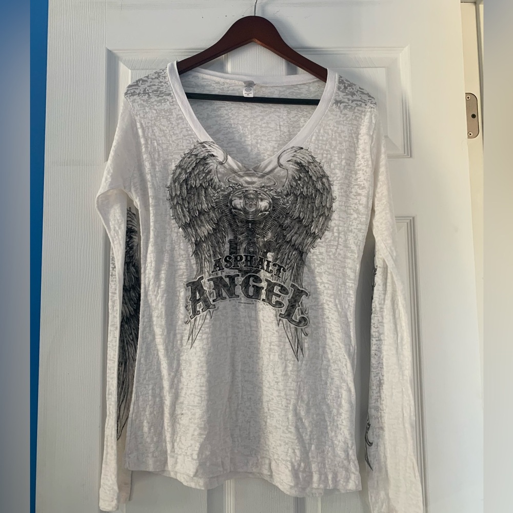 Like New Hot Leathers sheer long-sleeve T-Shirt. “Asphalt Angel”. Fits like a Lg